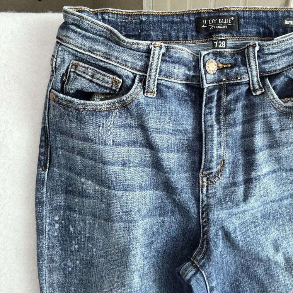 JUDY BLUE Blue Boyfriend Fit Skinny Jeans High Rise Distressed - Picture 3 of 11